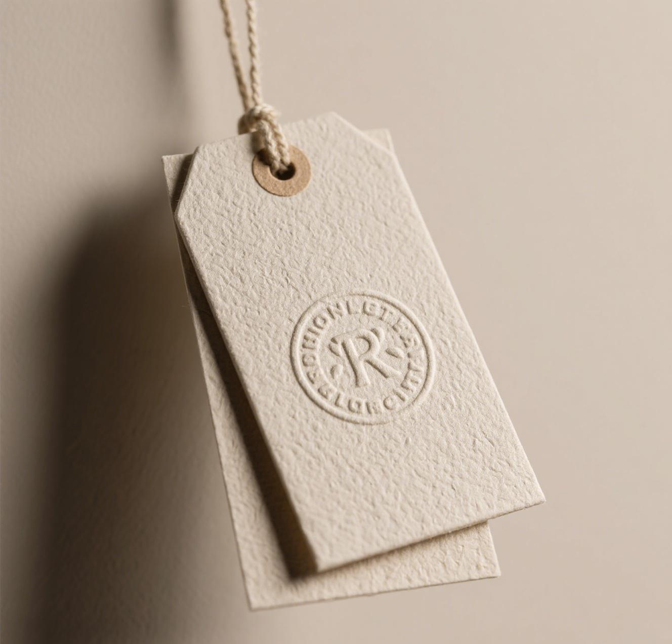Product hang tags with embossed logo and textured paper